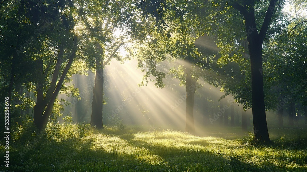 Poster sun rays filtering through misty trees in serene forest park scene