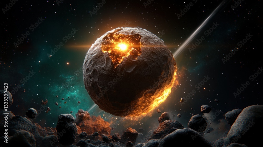 Poster exploding asteroid in space; cosmic destruction