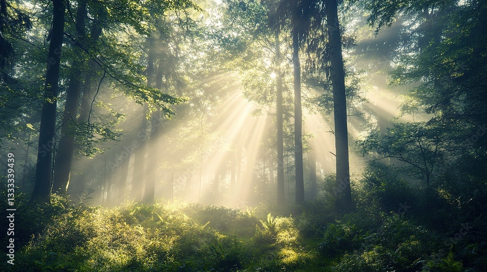 Poster misty forest scene with sun rays filtering through trees