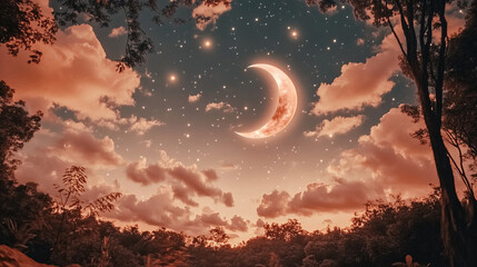 Glowing crescent moon in a twilight sky with peach clouds and silhouetted trees