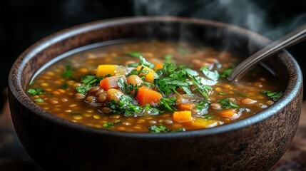 Hearty lentil soup steaming in a wooden bowl