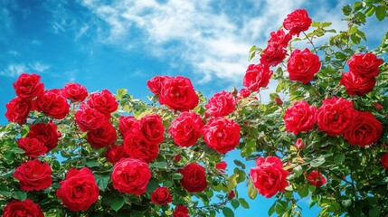 Stunning Blooming Rose Bush Against Bright Blue Sky