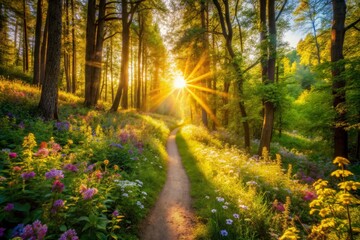 Fototapeta premium Sunlit Path Through Blooming Forest