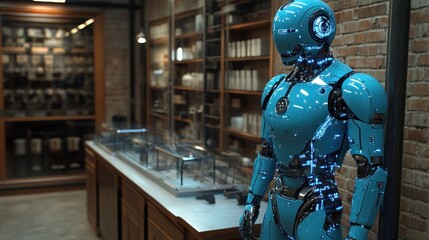 Robot standing in futuristic shop, digital display, shelves