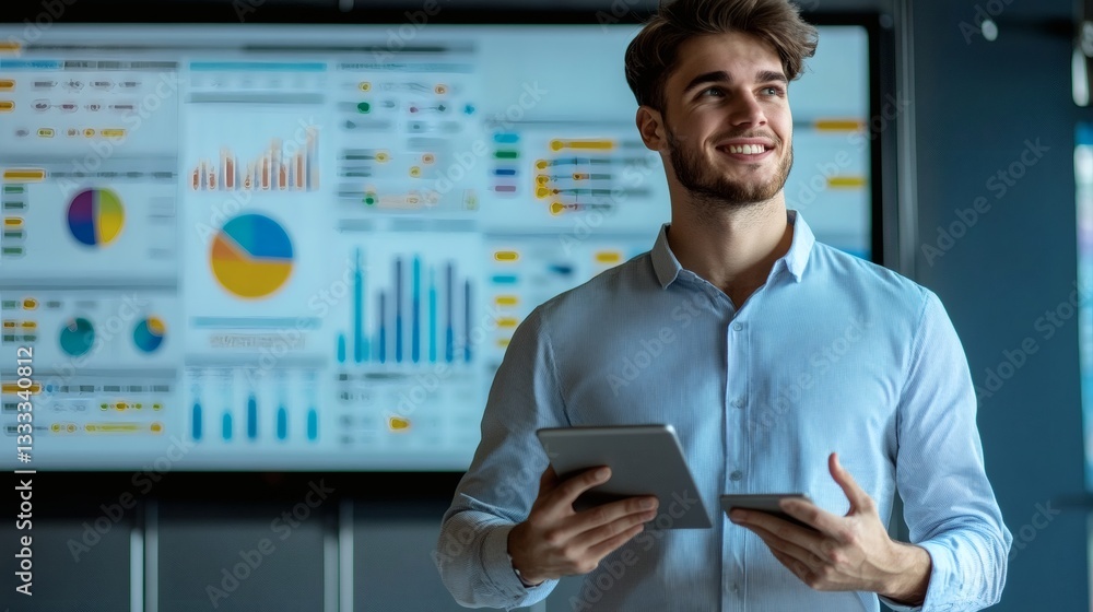 Poster a smiling businessman holding a tablet in front of data graphs