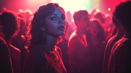 Woman looking at camera in nightclub, red lighting, crowd
