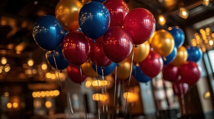Festive balloons indoors, celebratory event, restaurant background