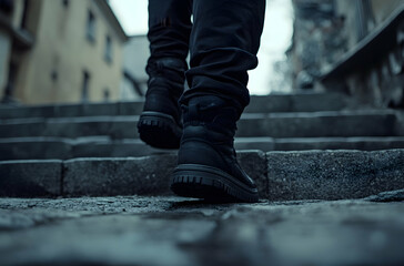 Person Walking Up Stone Steps in Urban Environment with Stylish Black Boots on a Cold Gray Day