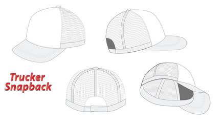 Set of Trucker Snapback Cap Dimensions, Various Hat Dimensions,  Design and Structure Illustration, isolated on white