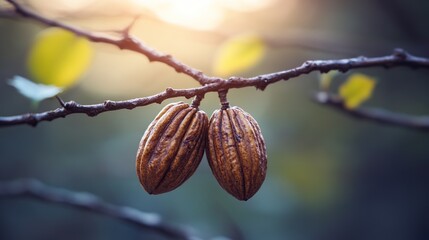 Two dried nuts hang on a branch