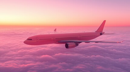 Serene Airplane Flying Above the Clouds at Sunset with Vibrant Pink and Orange Sky Colors