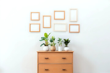 Chest of drawers with houseplants and blank photo frames on white wall in room