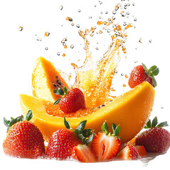 Papaya Oranges and Strawberries Splashing Isolated on Transparent Background