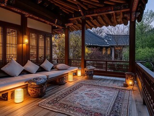 Naklejka premium An elegant traditional outdoor living area with warm lighting