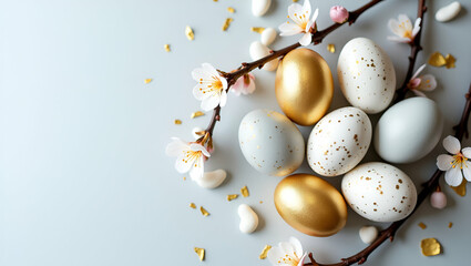 Elegant Easter Still Life with Golden Eggs and Delicate Blossoms