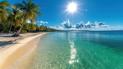 Fototapeta premium Tropical beach paradise with palm trees, turquoise water, and sunny sky. Use Travel brochure, vacation advertisement