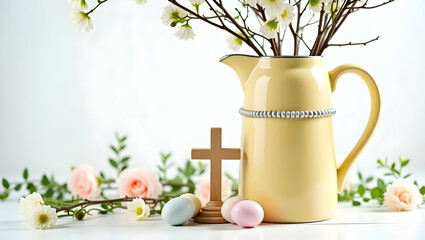 Elegant easter still life with pale yellow pitcher, cross, eggs, and delicate flowers evoking springtime and religious observance