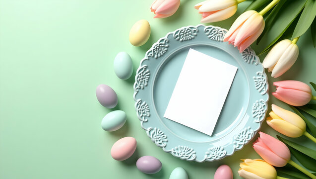 Elegant easter arrangement featuring pastel eggs tulips and a blank card for personalized greetings perfect for springtime celebrations