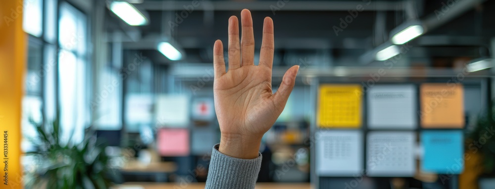 Poster hand raised in bright office cubicle, signaling question or request. workspace features colorful not