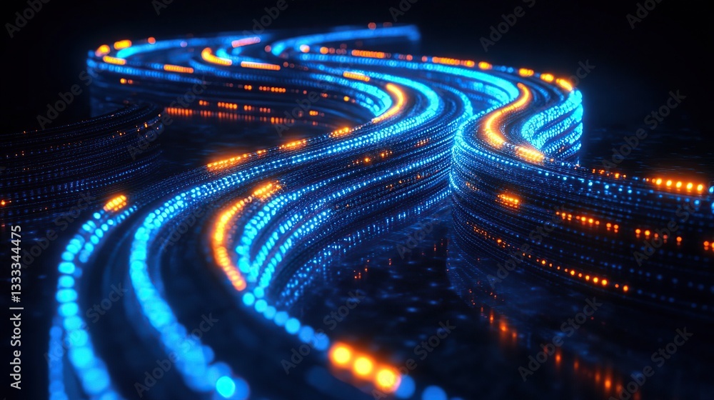 Poster abstract digital pathways of glowing, swirling lines. dynamic light trails form intricate patterns
