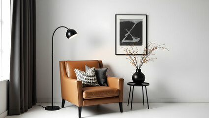 Elegant Minimalist Interior Scene with Leather Armchair and Modern Decor
