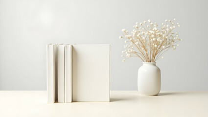 Elegant minimalist composition with books and baby's breath bouquet creating a serene and aesthetically pleasing arrangement