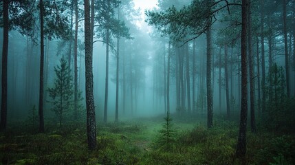 Mysterious Foggy Morning in a Serene Pine Forest Landscape
