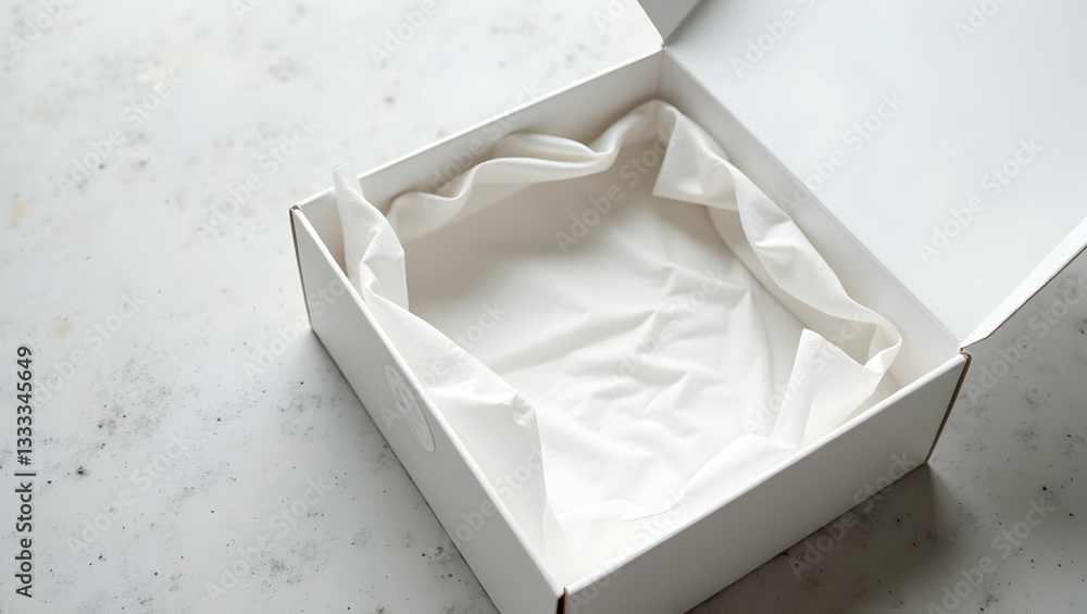 Poster elevated high-angle shot of an empty open glossy white rectangular box revealing tissue paper ready 