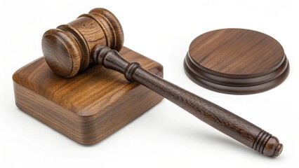 Wooden gavel resting on a square base, symbolizing justice and authority in a minimalist setting