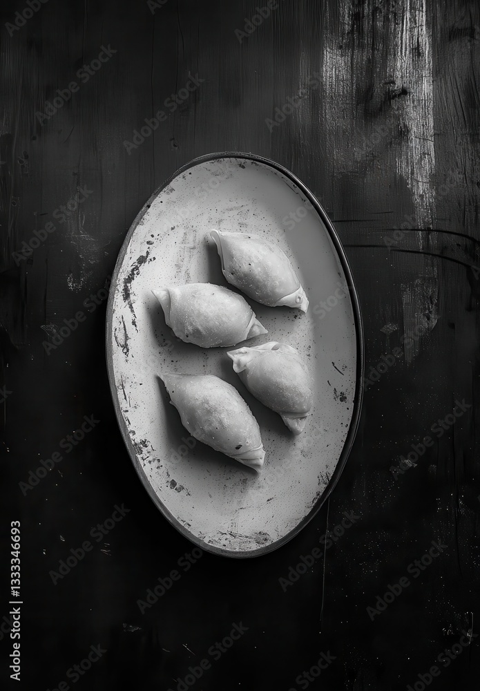 Poster freshly made dumplings on a rustic plate surrounded by a mysterious dark background in a timeless bl