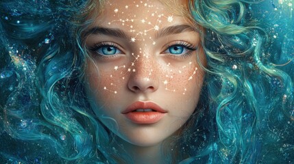 Enigmatic woman with striking blue hair embodying mystical traits associated with the aquarius zodiac sign in art