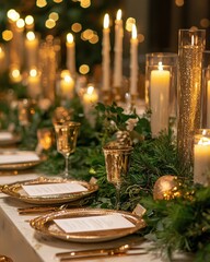 Elegant Christmas table setup with candles, greenery, and golden accents for festive dining inspiration