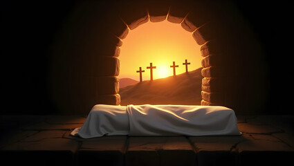 Evocative depiction of resurrection scene inside a stone tomb at dawn