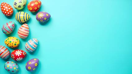Festive easter eggs on a bright blue background, seasonal holiday concept