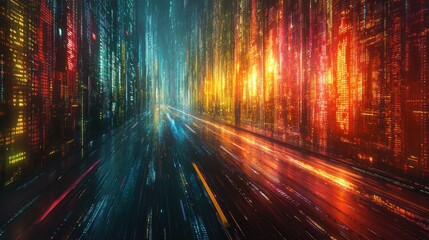 Futuristic digital city street, motion blur, glowing code background