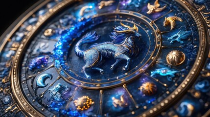 Fototapeta premium Realistic photo of a clock adorned with a blue dragon depicting zodiac traits with artistic and symbolic details