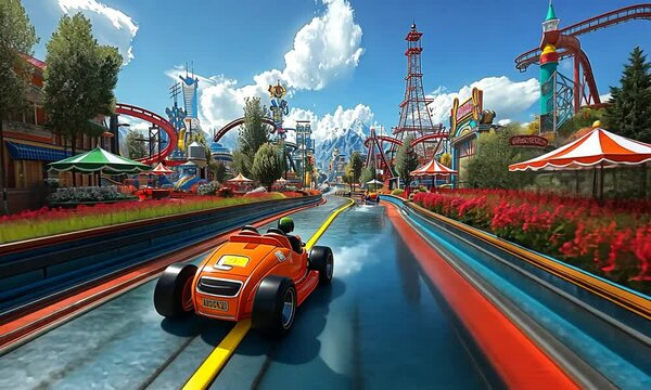Colorful amusement park scene with vibrant roller coasters and a racing car on a water track