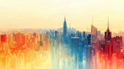 Obraz premium Vibrant Cityscape at Sunset with Skyscrapers and Colorful Skyline Overlooking New York