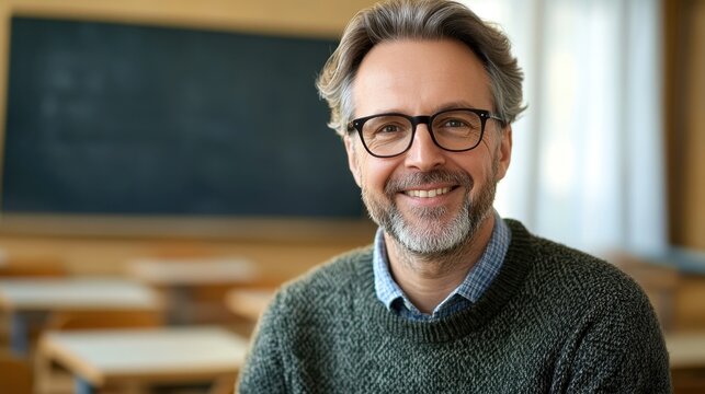 A portrait of a middle-aged male teacher in a classroom, exuding warmth and approachability. His friendly smile reflects his passion for education and engaging with students.