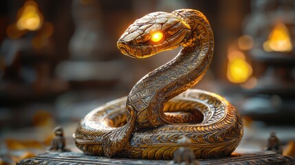 Exquisite golden snake statue with glowing eyes displayed on a table reflecting themes of worship and ornate craft