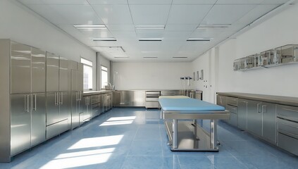 Empty medical room with stainless steel furniture