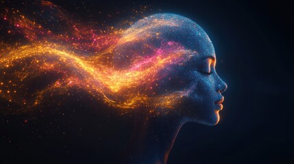 Abstract woman profile, energy aura, dark background, digital art