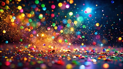 Naklejka premium Colorful confetti, vibrant bokeh lights, sparkling glitter, festive atmosphere, celebration, party background, multicolored dots, blurred sparkles, dynamic composition, macro photography, shiny partic