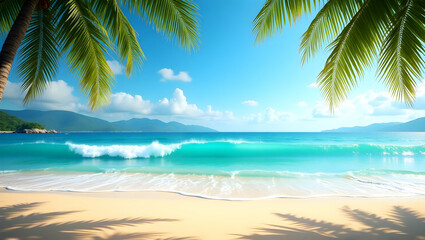 Idyllic tropical beach paradise with turquoise ocean and sunny blue skies offering a serene and relaxing escape