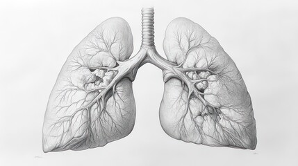 Diseased lungs, detailed anatomical drawing, medical illustration, white background, healthcare education