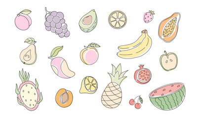 Colorful assortment of hand-drawn fruits and berries arranged artistically on a white background