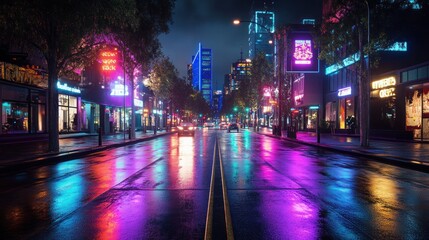 Neon-lit city street at night, wet asphalt, urban scene, use for game background