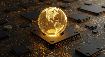 Glowing globe on detailed circuit board. Global technology, connectivity, digital infrastructure.