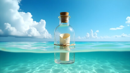 Obraz premium Message in a bottle floating in the ocean under a clear blue sky with clouds, dreamy tropical seascape and a hope concept illustration