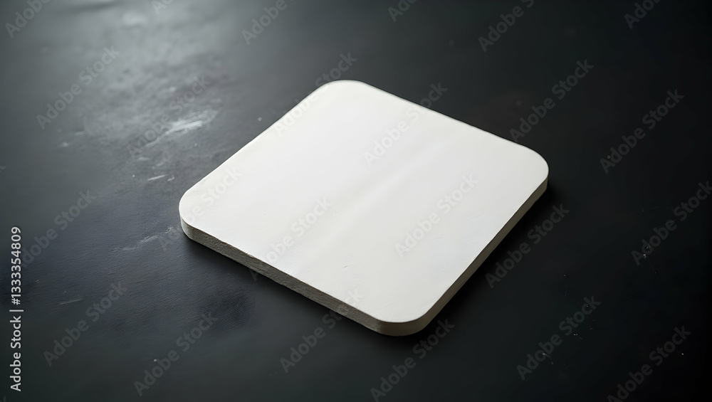 Poster minimalist composition featuring a square object with rounded corners on a dark surface, high contra